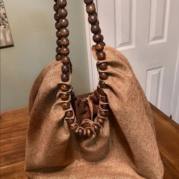 Chic Tan Beaded Handle Women's Shoulder Bag - Picture 5 of 7